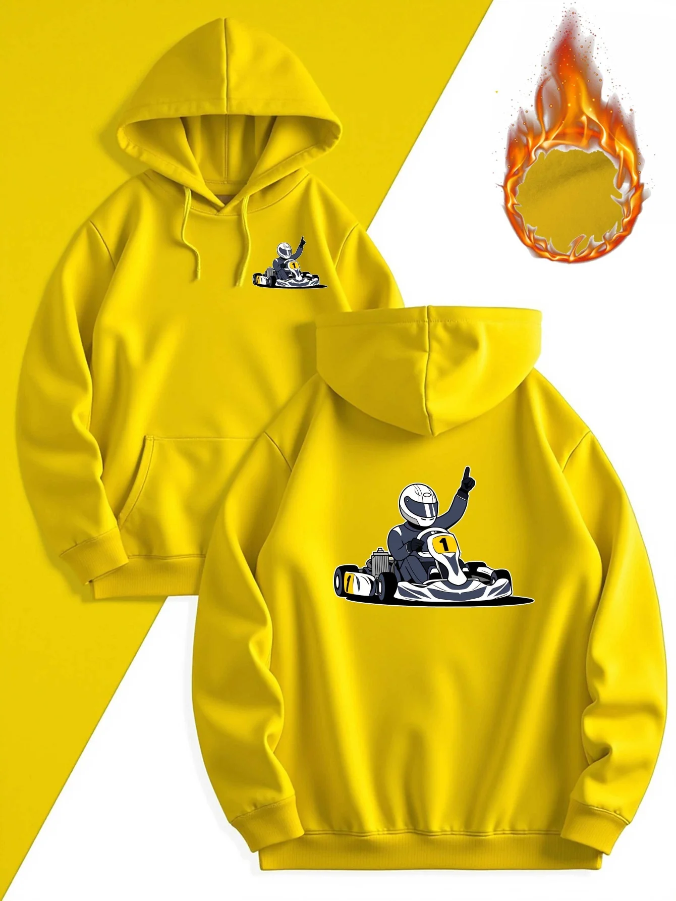 Cartoon Kart Racing Driver Double-Sided Print Hoodie, Men's Loose-Fit Racing Enthusiast Sweatshirt for Autumn and Winter