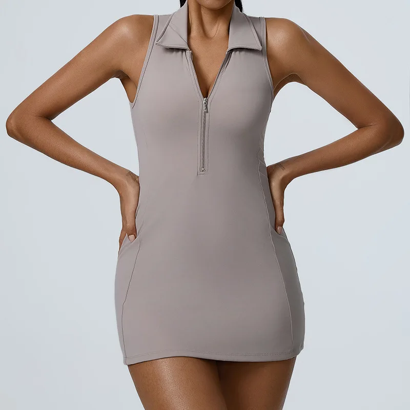 

New Women’s Yoga Tennis Set, Zipper Lapel Vest & Running Skirt, One-Piece Nude Feel Sportswear,Outdoor Fitness Golf Workout Suit
