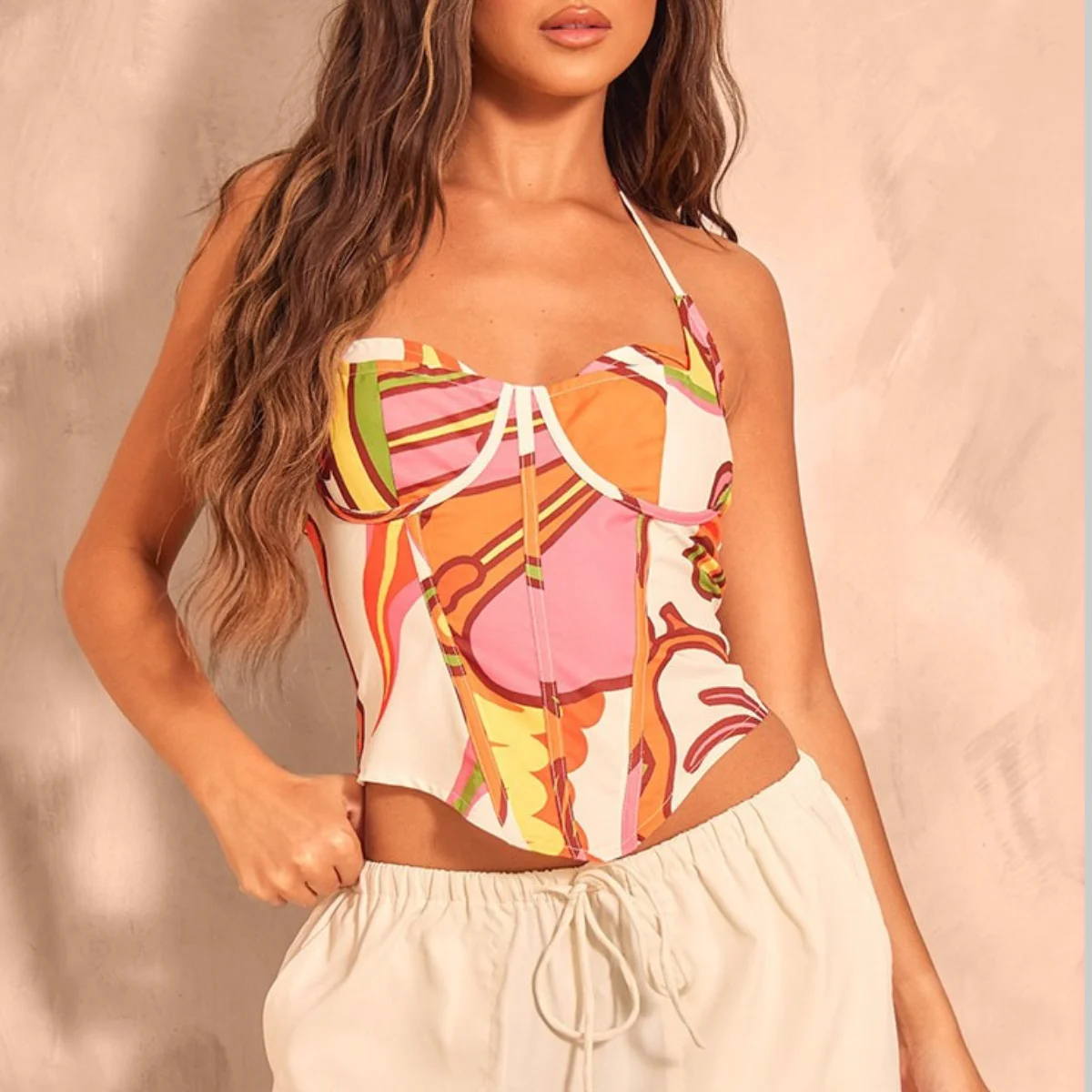 

Y2k Corset Crop Tops 2025 Summer Fashion Backless Tank Top Women Print Sleeveless Halter Neck Camisole 2000s Clothing Streetwear