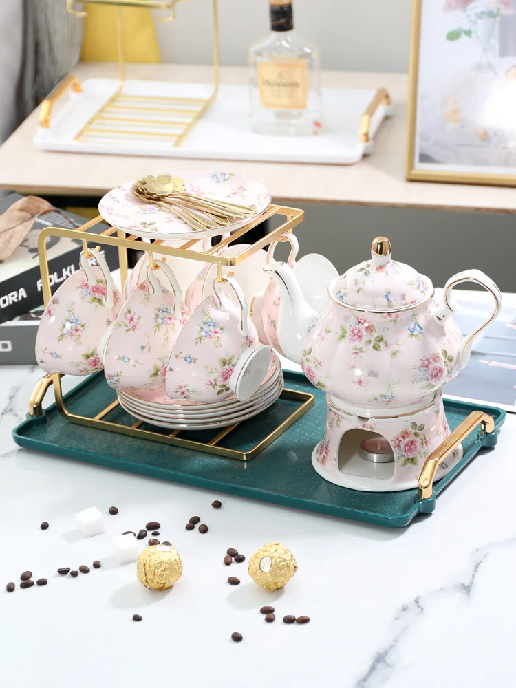 European Ceramic Coffee Pot, High Grade Flower Teapot, Water Kettle Jug, Heating Base, Party Cafe, Teaware