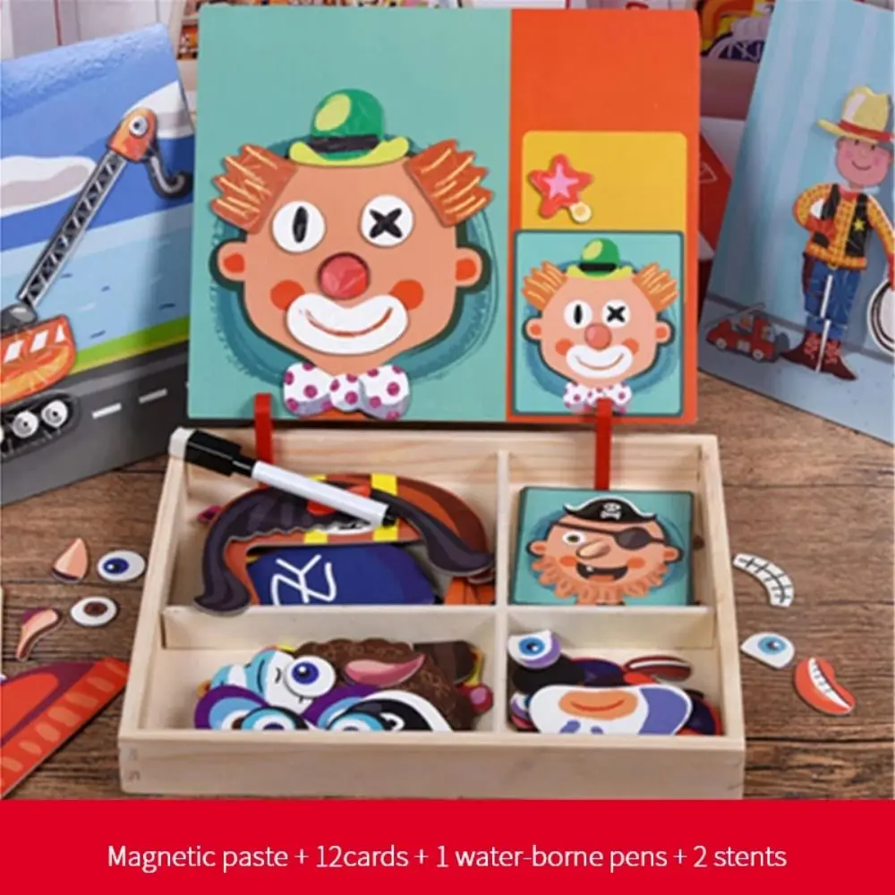 

Wood Magnetic 3D Puzzles Reusable with Lid Drawing Whiteboard Blackboard 2 Holders Magnetic Stickers Montessori Games