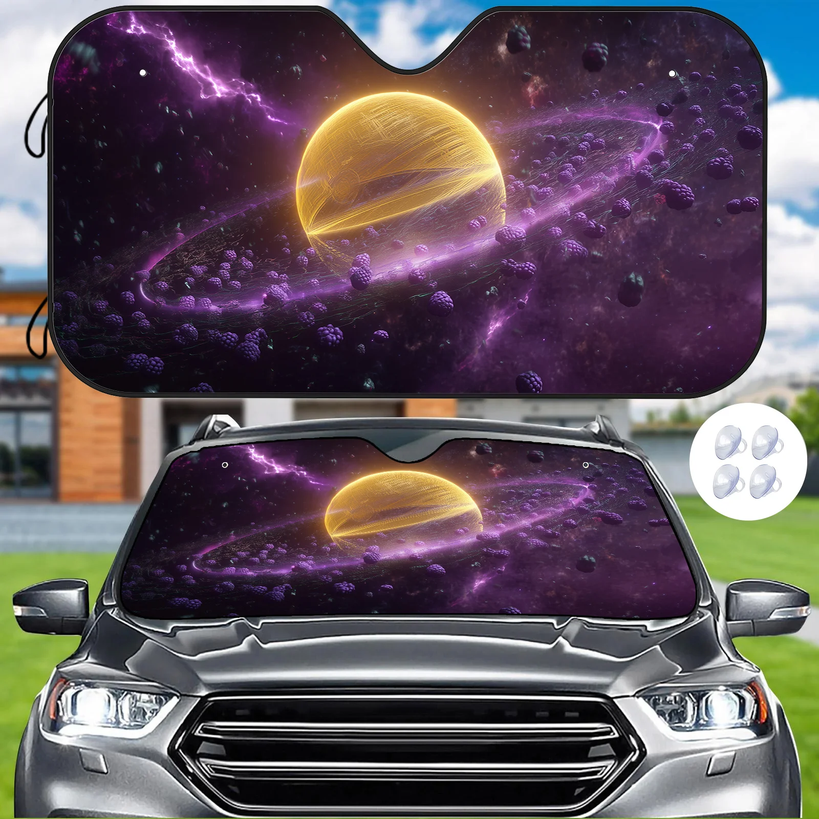 

Mystical Purple Planet Sunshade For Car Windshield - Heat Insulating & Scratch-Resistant, Cosmic Design With Golden Rings & Nebu