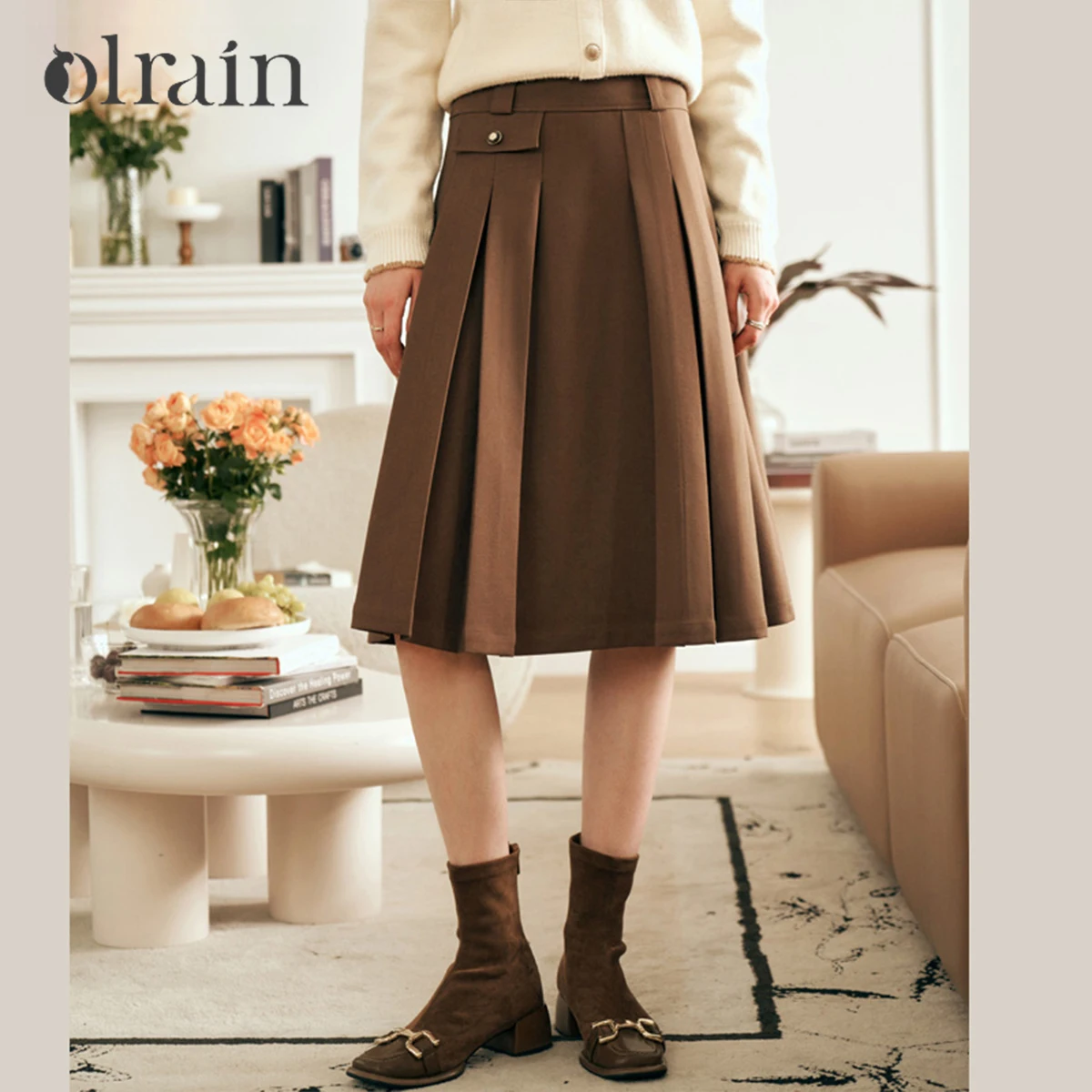 OLrain Solid Pleated Skirts Women's Spring 2026 New Temperament Thin A-line Skirt Commute Casual Midi Female Skirt O23DB66682