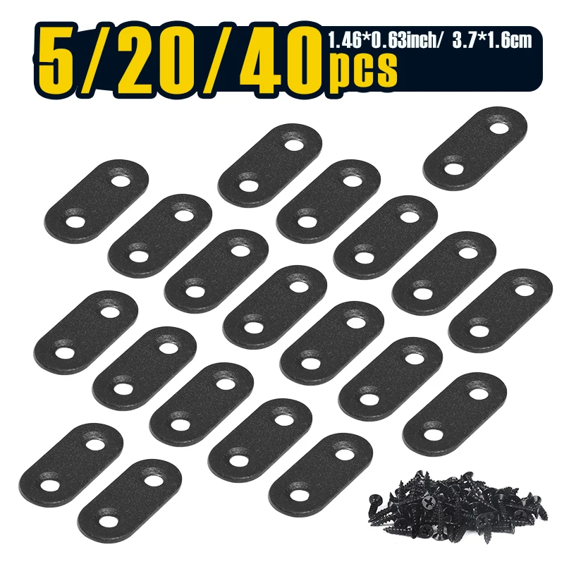 5/ 20/ 40pcs, Black Flat Metal Mending Brackets, Straight Corner Braces with 10/ 40/ 80Pcs Screws (Black, 16x36mm)