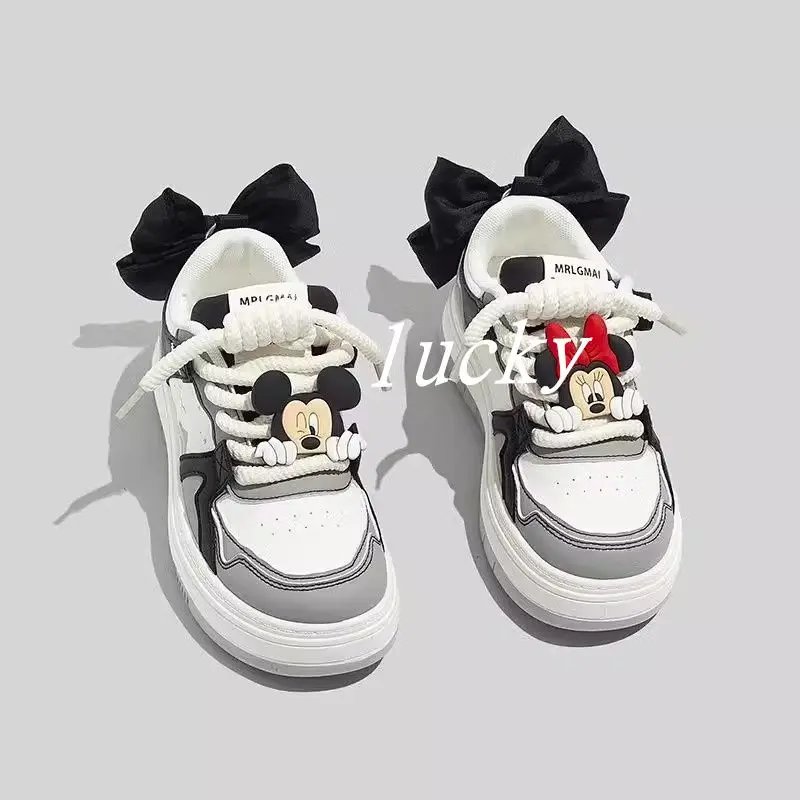 Explosive Minnie Mickey mouse Painting Small White For Women In Spring big bow 2024 New Thick Soled Casual Shoes