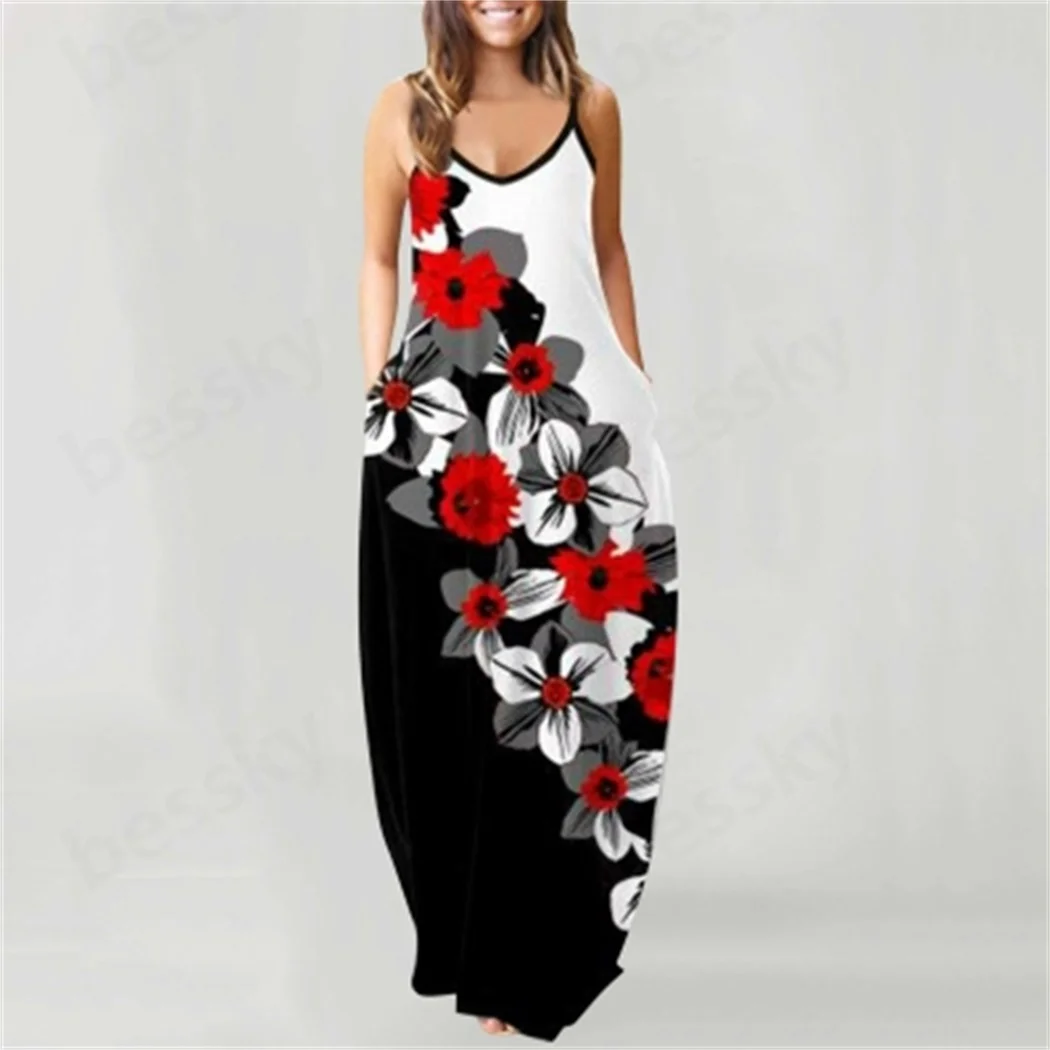 

Women's round neck casual butterfly flower print plus size suspender long dress