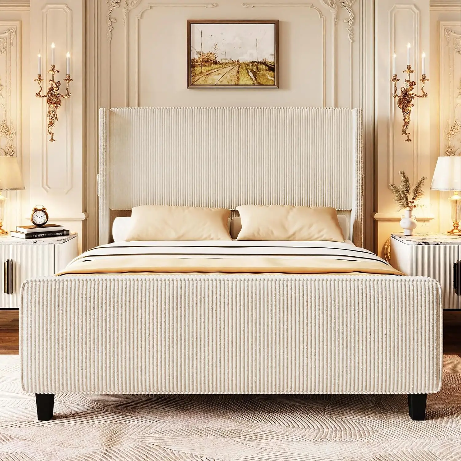 King Upholstered Bed Frame With Tall Wingback Headboard & Footboard, USB Ports, Easy Assembly, Beige, Customized