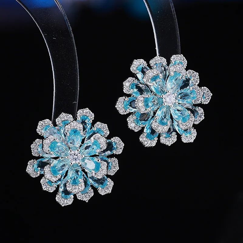 Luxury Rotatable Cubic Zirconia Blue Snowflake Stud Earrings S925 Sterling Silver Needle Jewelry Accessory for Women LYX264