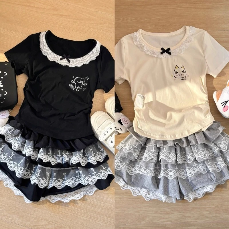 

Y2k O-neck Slim Fit Lace Bow Short Sleeve Top for Women+ Sweet Cool High Waist Cake Skirts 2025 Summer New Two Piece Sets