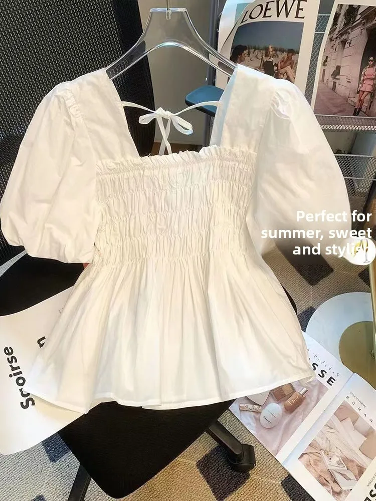 

2025 New Sle Beautiful Pleated Summer Bubble Sve Chiffon Top ort Sve irt Korean Loose Fit Commute Sle Pure Color