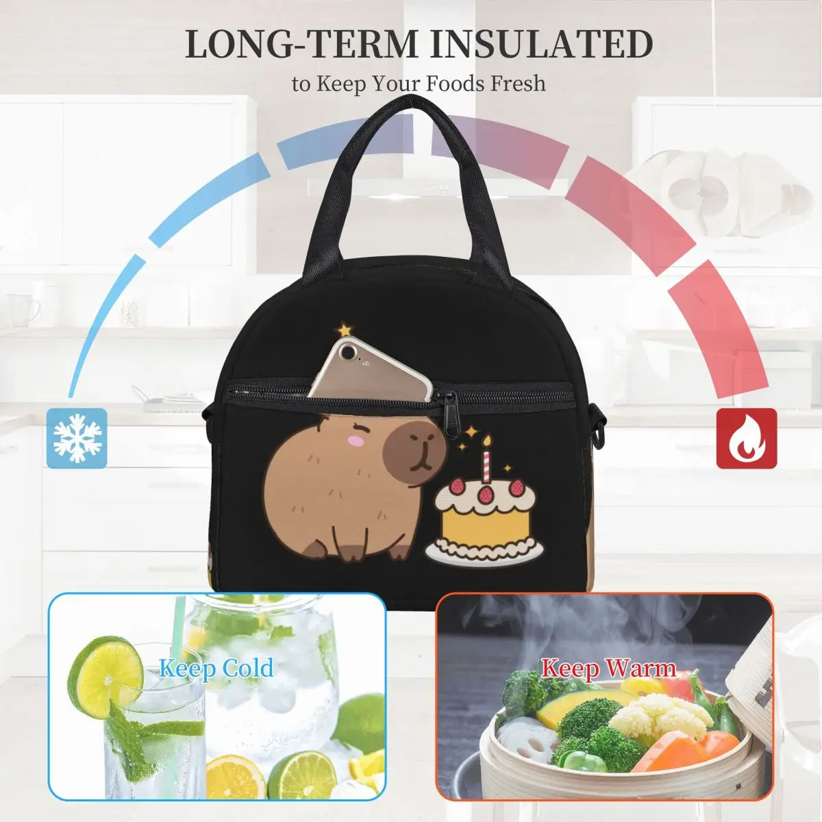 Cartoon Capybara Lunch Bags Large Capacity Bento Pouch Thermal Insulated Cooler with Adjustable Shoulder Strap Tote Picnic Box