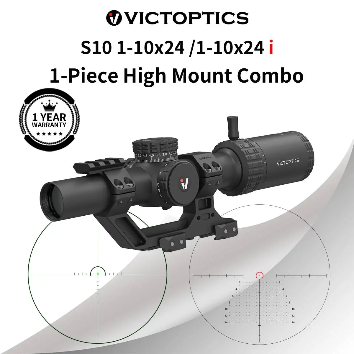 

Victoptics S10 1-10x24 Riflescope 1-Piece High Mount Combo Kit With 1/10 MIL Turret Lock, Wide FOV, High Picatinny Mount