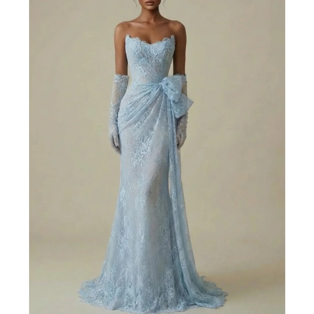 

Очаровательные светло-голубые вечерние платья-русалки с кружевом и вырезом «сердечко», элегантные платья для женщин-знаменитостей, с шлейфом, для выпускного вечера, на заказ