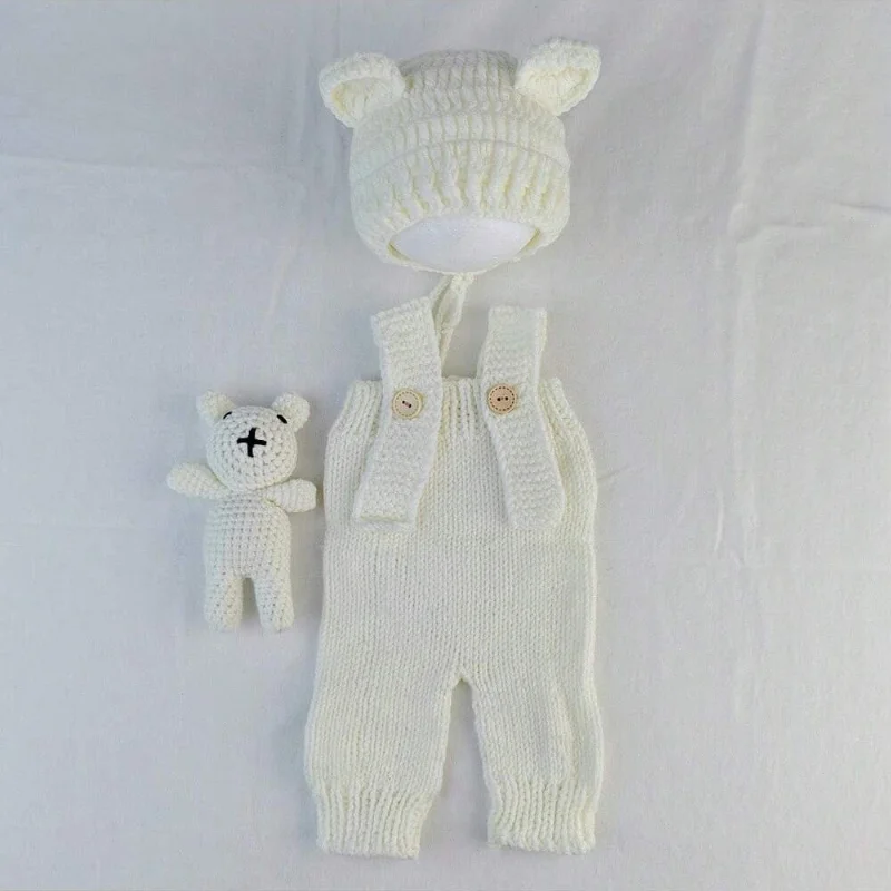 Newborn Photography Props 3pcs Set Cute Bear Costume Hand Knitted Romper Hat and Bear Doll Baby Photo Shoot Outfits image 5