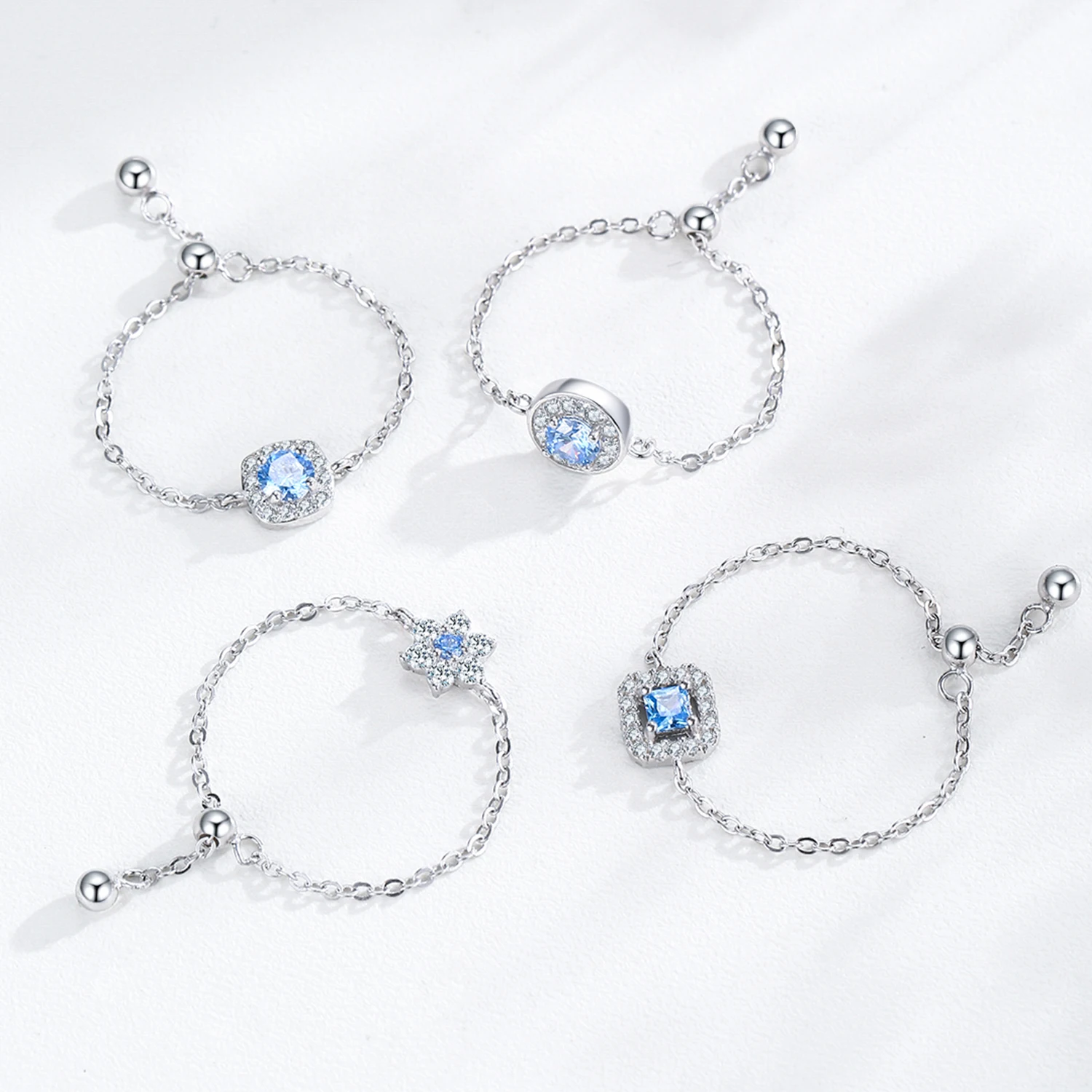 Ailmay-anillo ajustable de plata de ley 100% 925 para mujer, cadena redonda brillante de circonita azul, joyería fina de moda