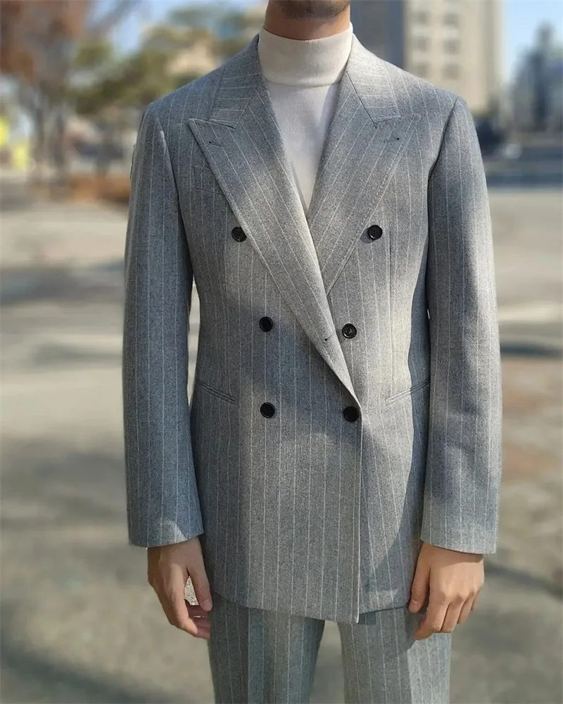 Conjunto de trajes a rayas finas para hombre, esmoquin de boda, Blazer Formal de oficina gris + Pantalones, chaqueta de fiesta hecha a medida, vestido de graduación, abrigo masculino, 2 piezas