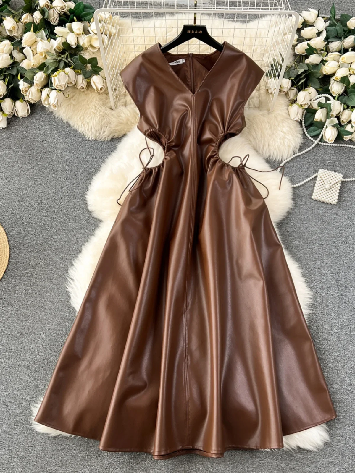 KUSAHIKI Spicy Girl Style Sleeveless Leather Dress for Women Autumn Drawstring Waist V-neck Hollow Out PU Design Long Dresses