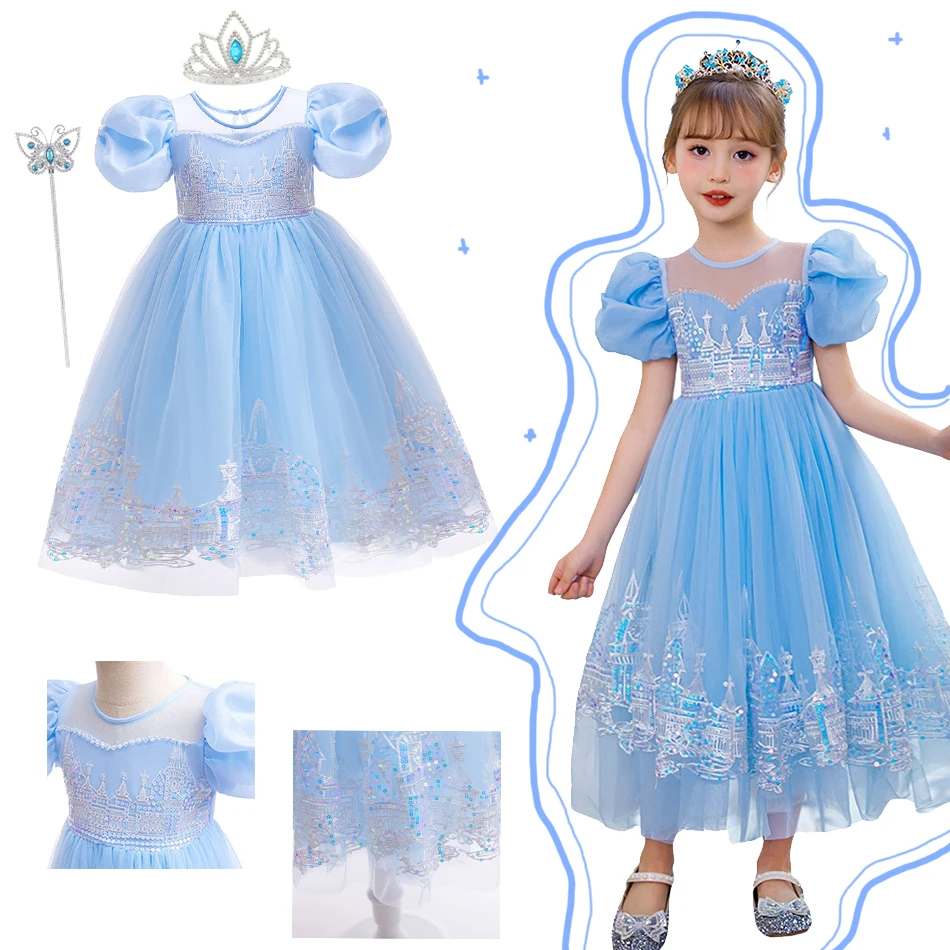 Girls Luxury Elsa Princess Dress Girls Puff Sleeve Sequin Castle Decoration Dress Carnival Ball Costume For Kids Birthday Gifts