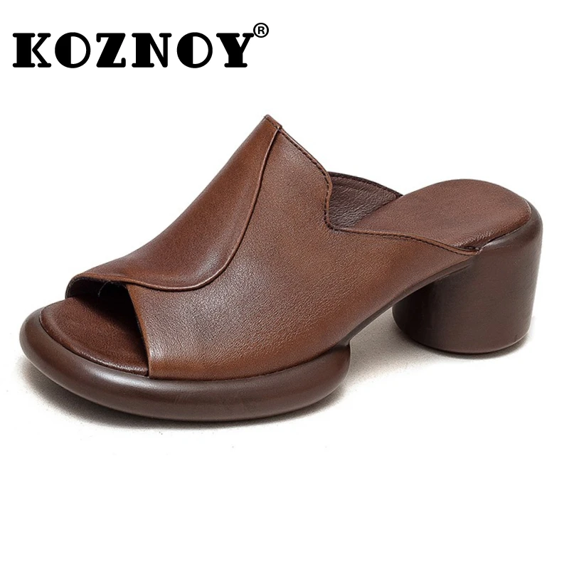 

Koznoy 6cm Cow Genuine Leather Mary Jane Summer Slippers Pumps Chunky Heels Flats Peep Toe Sandals Women Fashion Shoes Flats