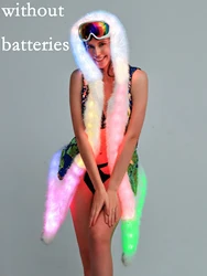 Women's Sleeveless Sequin Faux Fur Vest Coat LED Clothing Hooded Festival Rave Party Costume Colorful Fringe Trim Shiny Jacket
