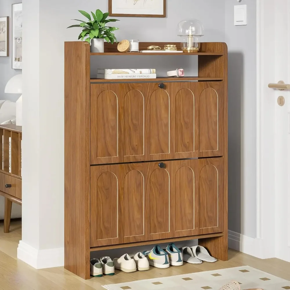 

Shoe Storage Cabinet for Entryway with 2 Flip Drawers, Narrow Wood Shoe Cabinet with Open Storage, Narrow Shoe Rack Cabinet for
