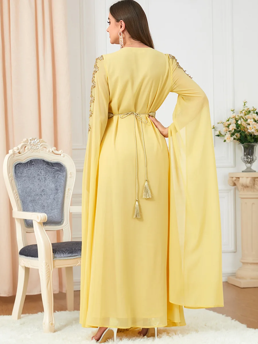 Woman\'s Evening Dress Elegant Long Sleeve Chiffon Party Dress Floral Embroidery Lace Panel Belted Jilbab Abaya Moroccan Caftan