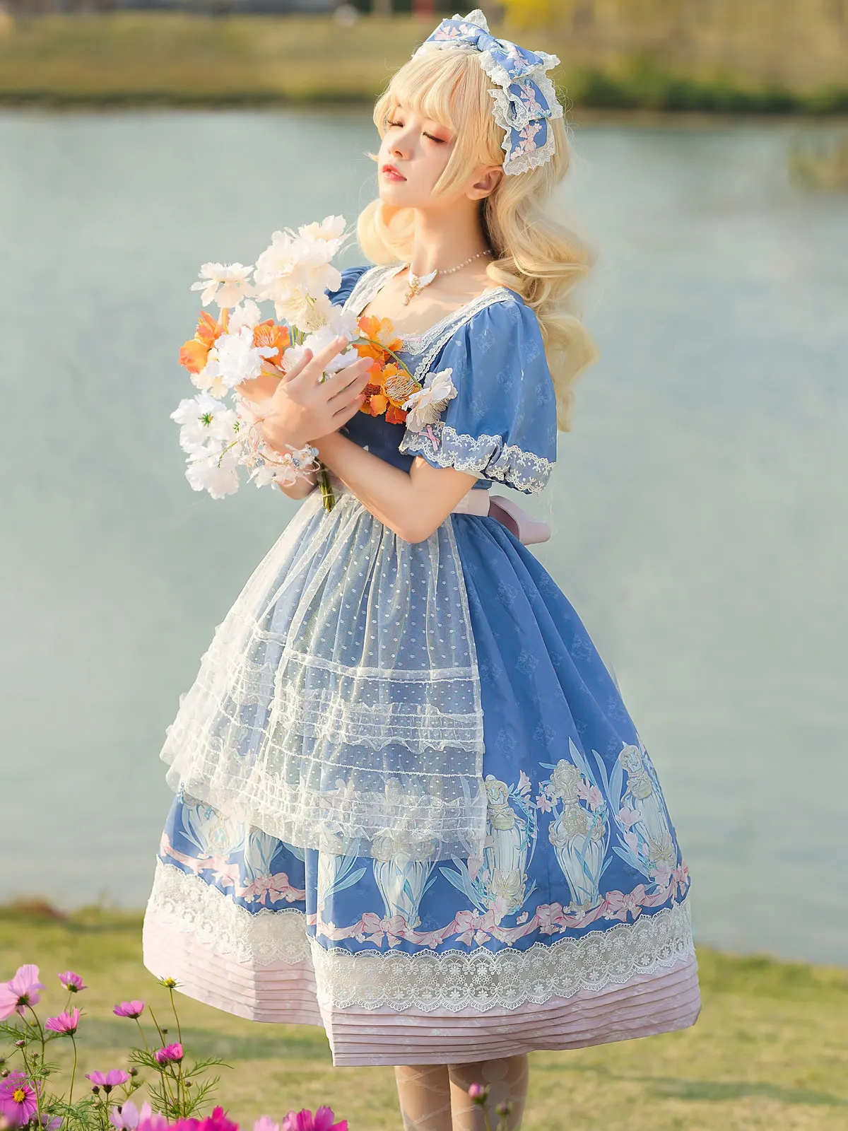 

Preppy Style Lolita One Piece Dress Short Sleeve Cute Lace Gilrs Day Dress