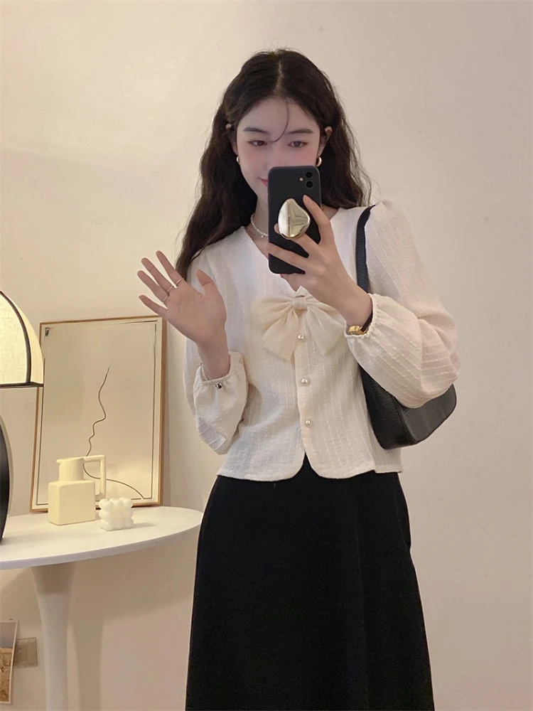 Woherb Summer Solid Bow Sweet Blouses Women Button Chic  Female Korean Fashion Lantern Sleeve Loose Elegant  2024