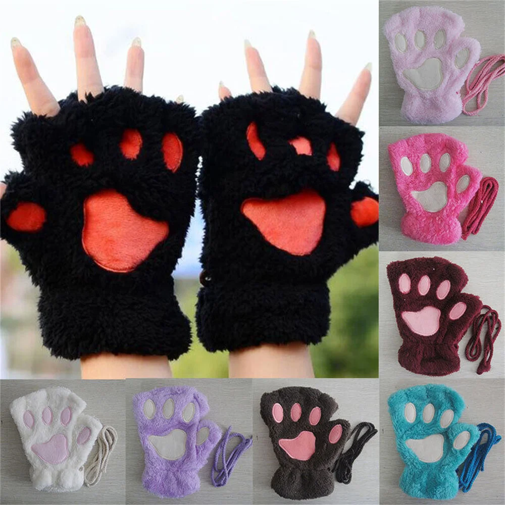 Women Cartoon Cat Claw Gloves Thickened Plush Lovely Style Bear Paw Exposed Fingers Half Winter Mittens Warm Girls Gift Gloves