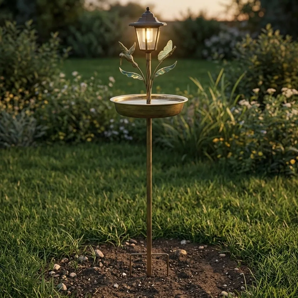 Solar Powered For Outdoor Bird Bath Stake with Lantern Glow and Sculpted Bird Accents for Landscape Decoration