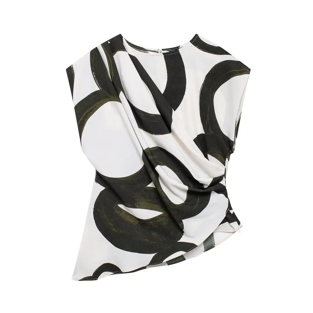 بلوزة نسائية أنيقة بنمط الشارع مطبوعة بتصميم مزدوج الصدر من ألياف البوليستر برقبة مستديرة وطول عادي ونقش هندسي #5