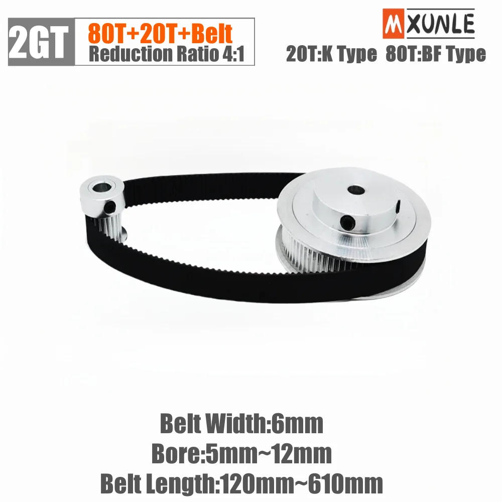 

Belt pulley kit 20T 80T 2GT bandwidth 6m speed ratio 1:4 Bore 5~12mm for 3D printer synchronous wheel 2M GT2 belt pulley kit