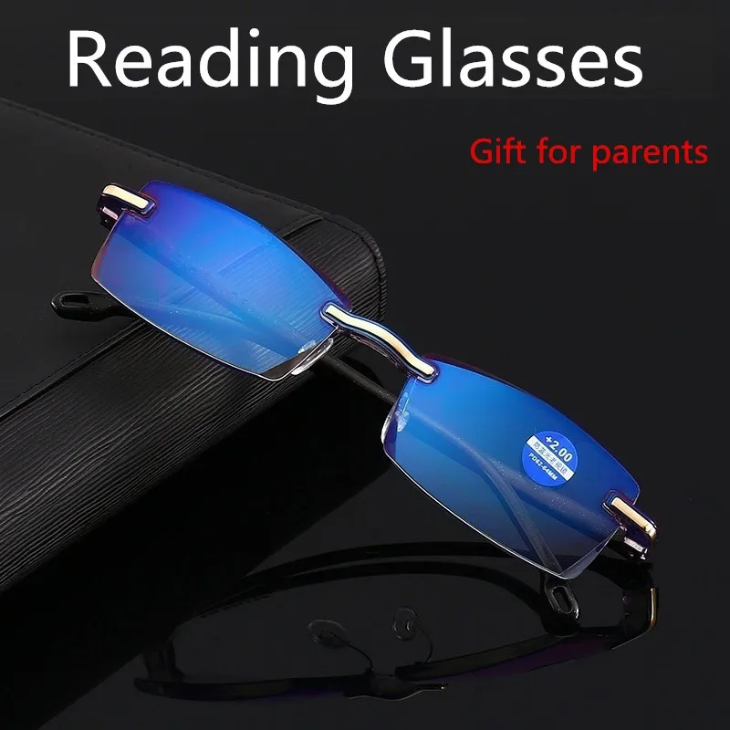 Men Rimless Reading Glasses Bifocal Far Near Anti Blue Light Magnification Women Presbyopic Glasses Multi-focus Reading Glasses