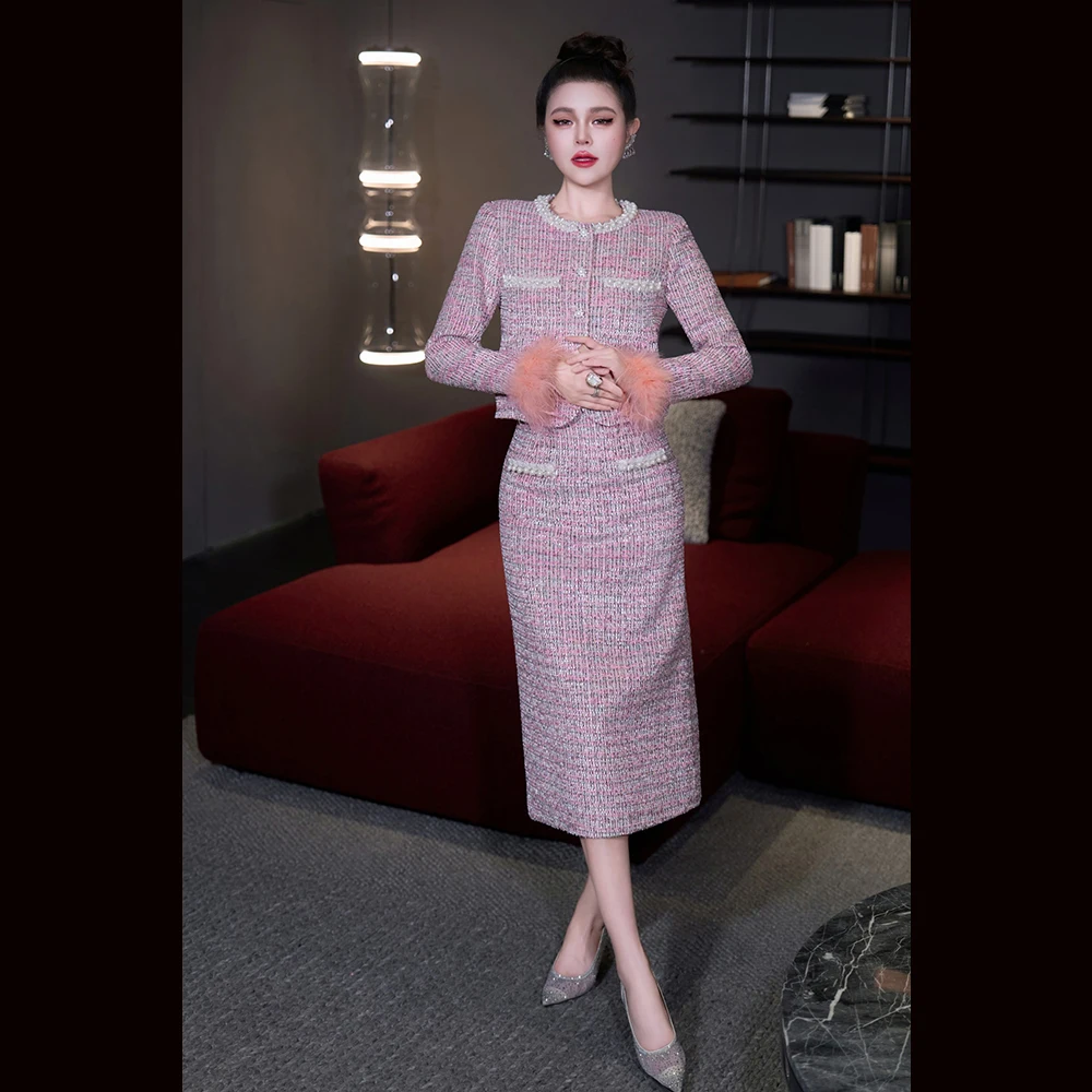 Meyyithun Women's Suit Fall Winter Luxury Two Piece Set Elegant Bodycon Office Suit Slim Fit Tailored Skirt Set Blazer and Skirt
