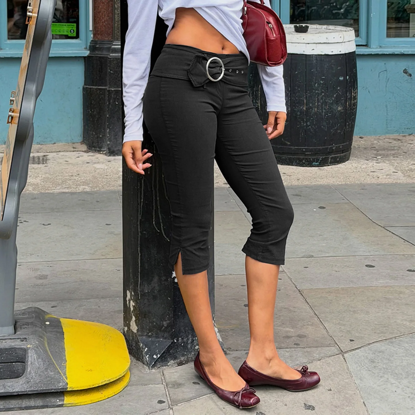 Personalized Street Low Waist Buckle Belt Split Cropped Pants Woven Casual Pants Women