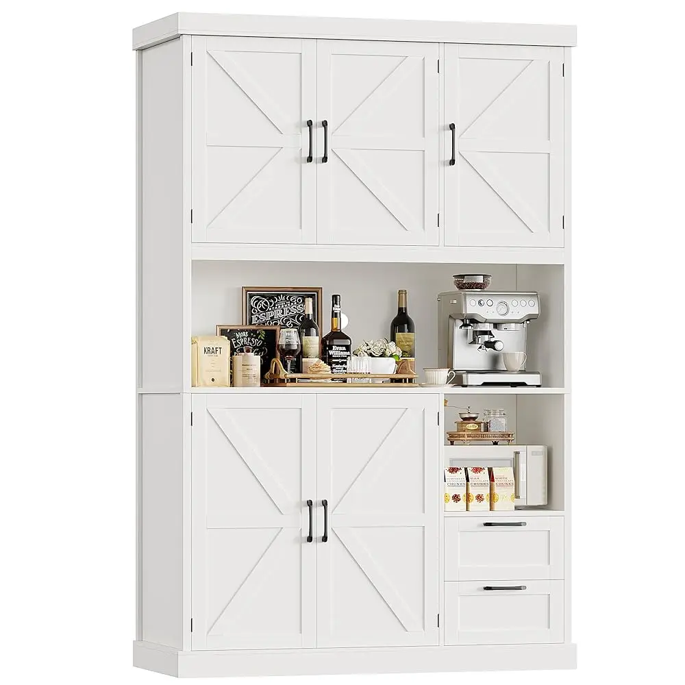 

76"" Tall Kitchen Pantry Storage Cabinet, Farmhouse Kitchen Hutch Cabinet With Microwave Stand, 47"" Wide Food Pantry With