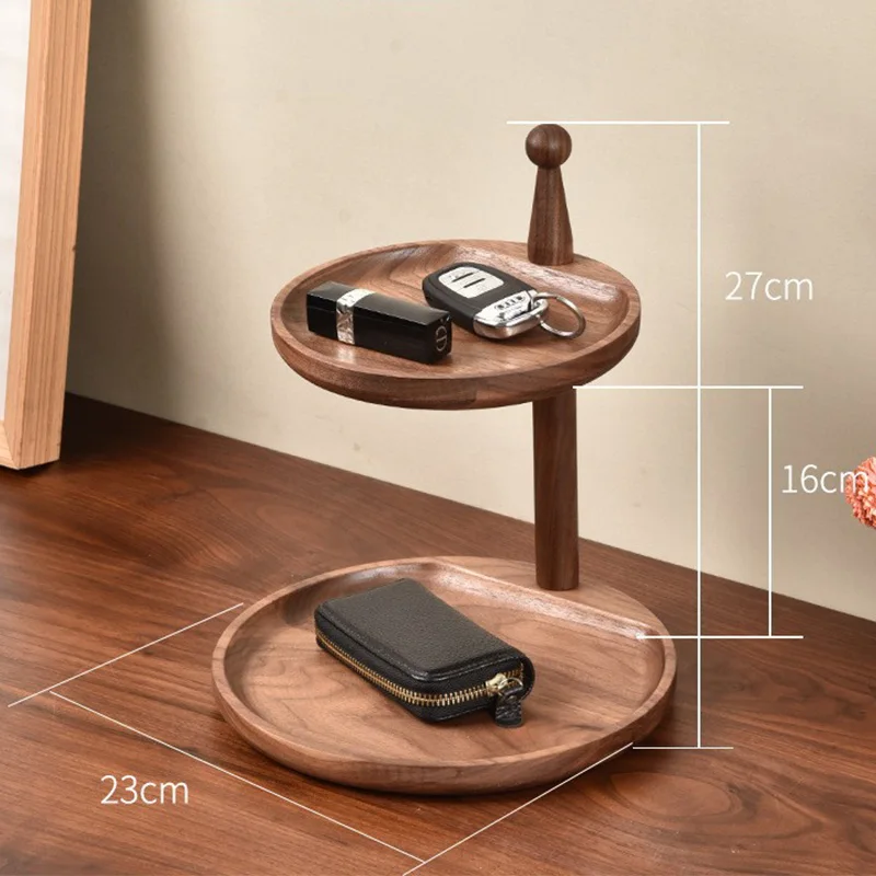 2-Tier Storage Stand Walnut Wood Multi Functional Tabletop Organizer for Keys Cosmetics Wallets Luxury Entryway Dresser Decor