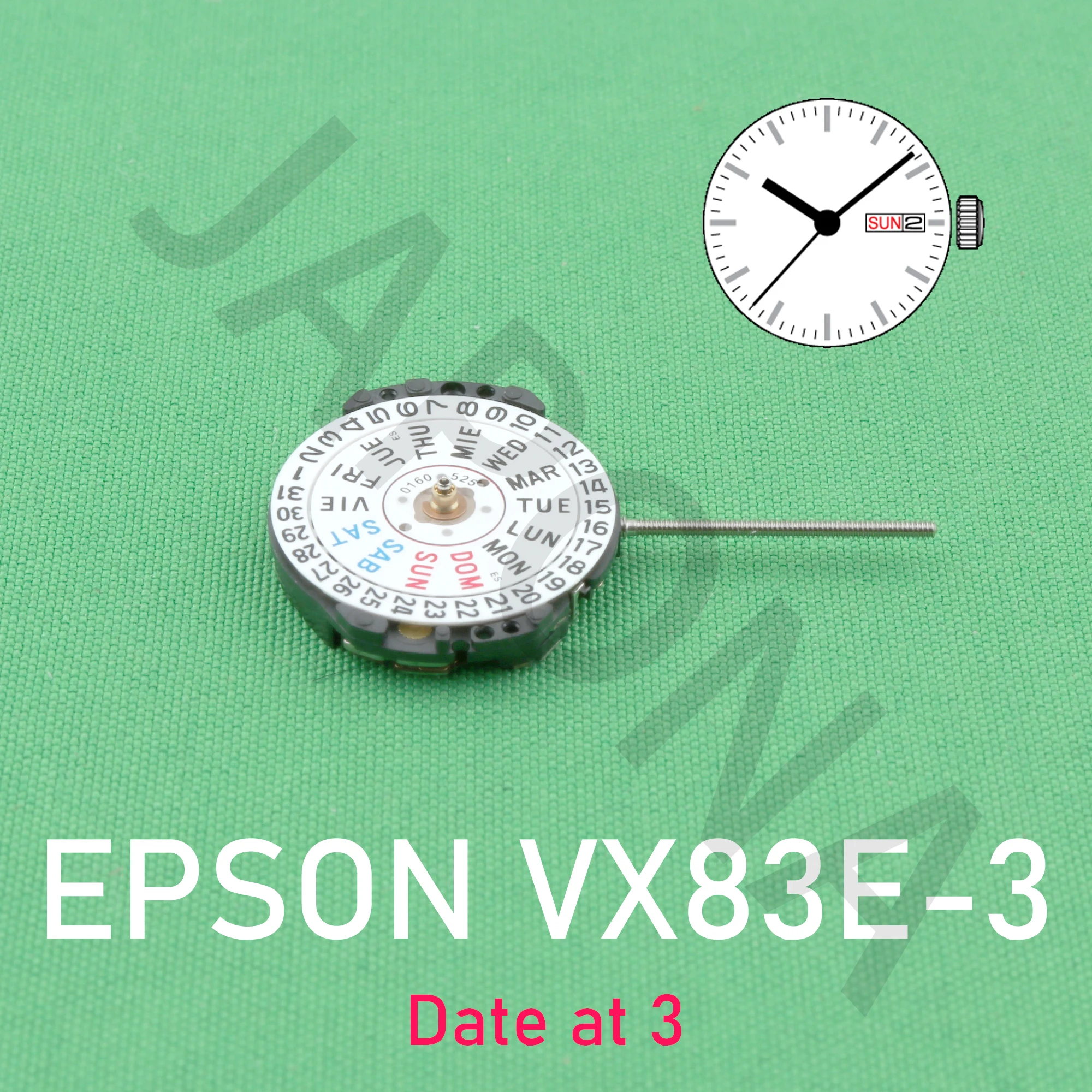 ساعة حركة VX83 اليابانية, VX83E, عرض التاريخ اليومي, إسبانيا والإنجليزية