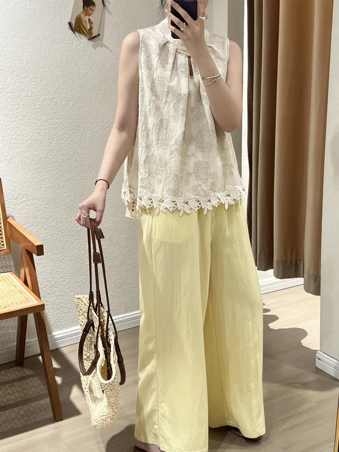 

Fashionable Lace Trim Vest Women's Summer 2026 Casual High Waist Long Pants Set Plant Floral Print round Neck Short Sleeve
