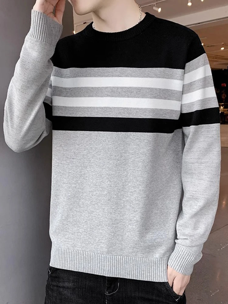 

Классический мужской свитер в полоску с круглым вырезом из хлопка, повседневный, теплый, вязаный, зимний, модный, удобный, с длинными рукавами.
