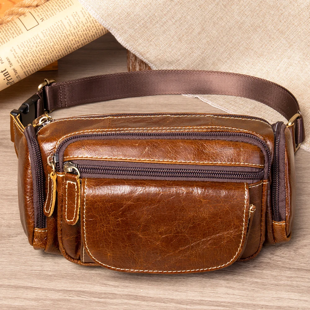 genuine leather Travel Waist Pack Fanny Pack men Leather Belt Waist bags phone pack small chest messenger for man 8355