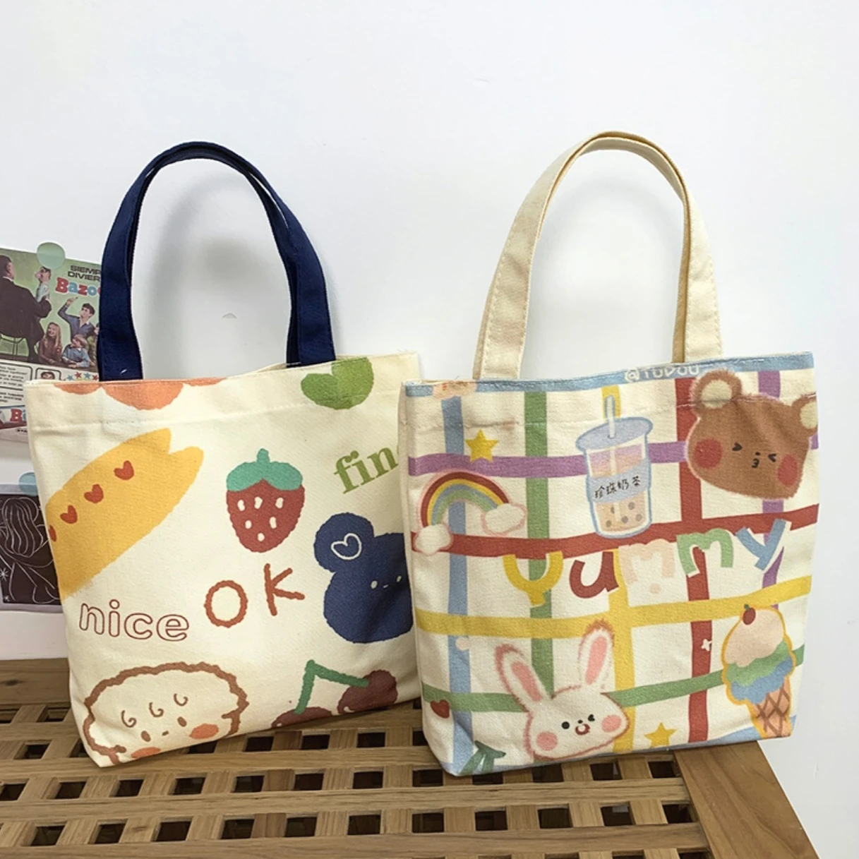 Cute Cartoon Japanese Canvas Bag Tutoring Bento Lunch Box Bag Small Handbag Manufacturer Wholesale