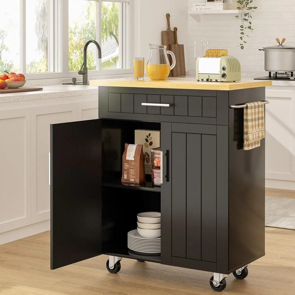

Kitchen Island on Wheels with Storage Cabinet & Drawer, 26" Width Rolling Kitchen Table, Cart Handle for Towel Rack