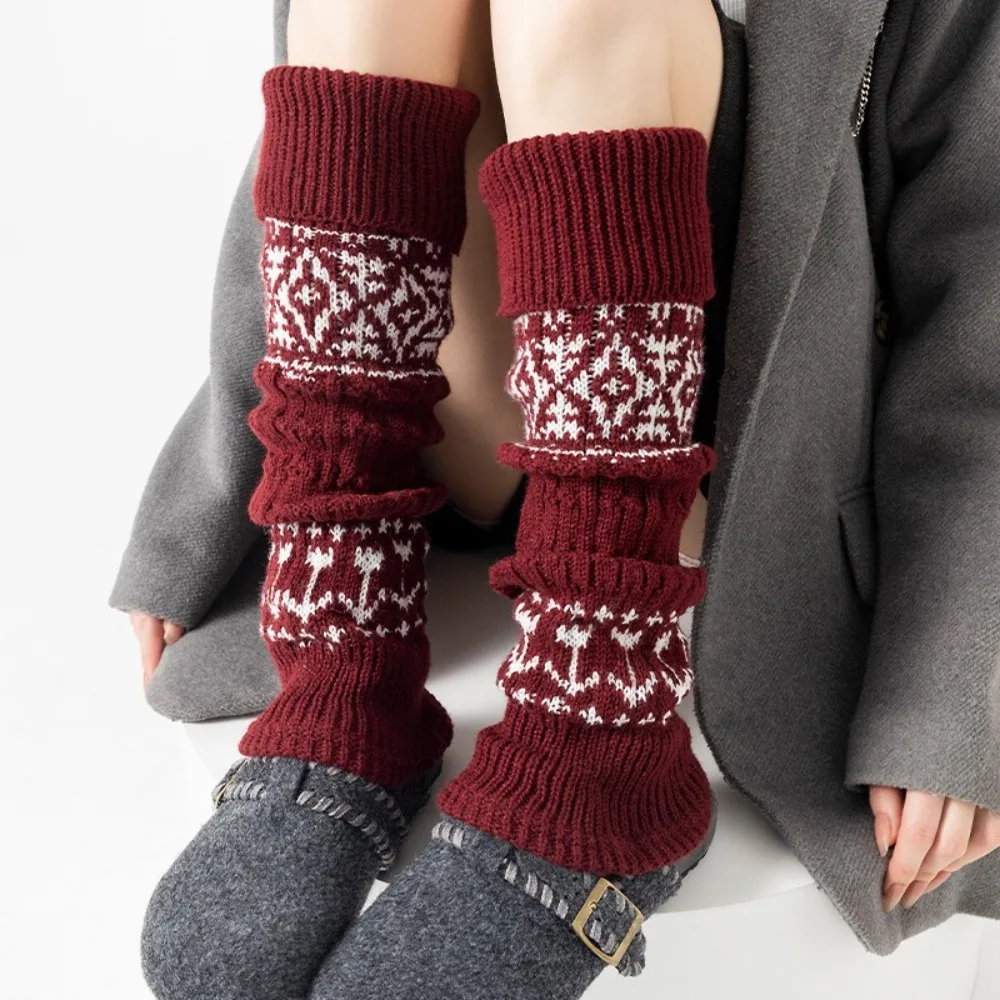 Fair Isle Style Slouch Leg Warmers Thick Fleece Stretchy Fabric Leg Cuffs Cashmere Blend Calf Socks Snow Boot Match