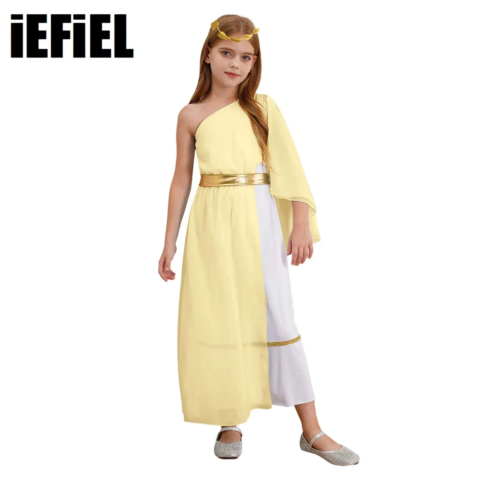 

Kids Girls Ancient Greek Toga Dress Halloween Costume Single Shoulder Patchwork Flowy Dress with Waistband And Wreath Headband