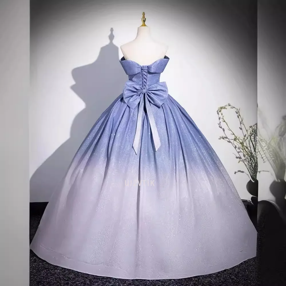 Vestido de fiesta elegante con hombros descubiertos, cambio Gradual, rendimiento azul, lazo, ocasión Formal, vestido de noche para banquete de boda
