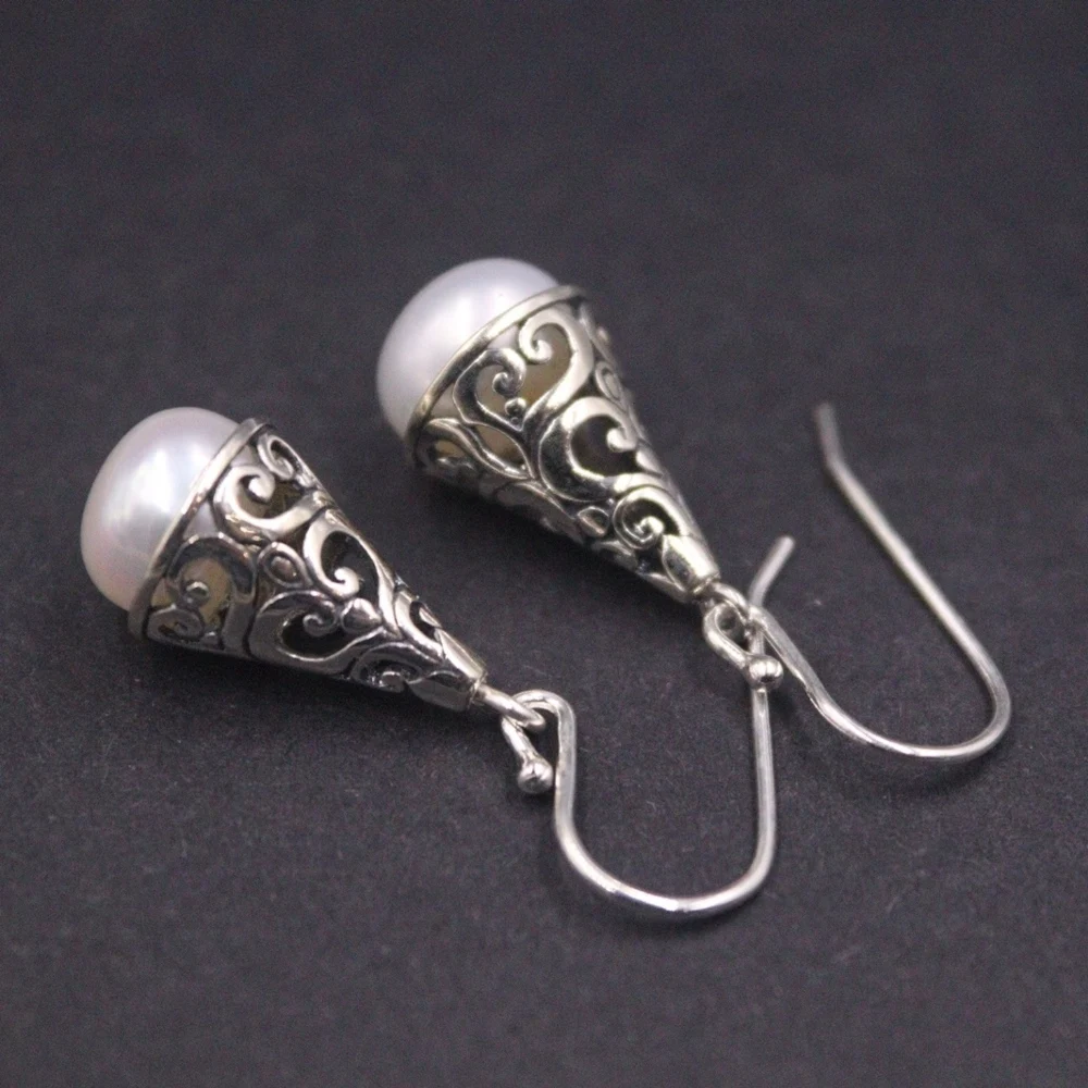 

Real Solid 925 Sterling Silver Dangle Pearl Bead Hollow Pattern Women Lucky Earrings