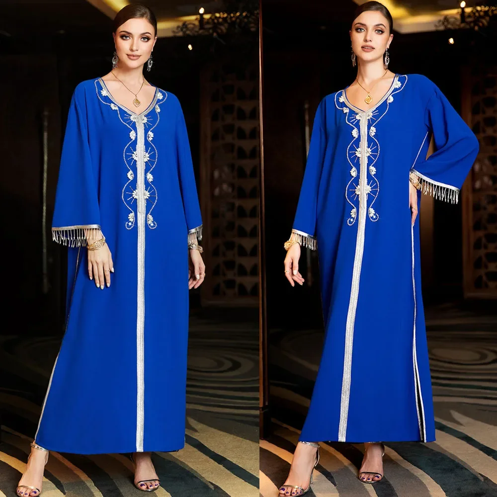 Elegant Dress Arabic Evening Long Dresses Women Rhinestone Beaded Tassel Trimming Abaya Ramadan Muslim Moroccan Party Kaftan