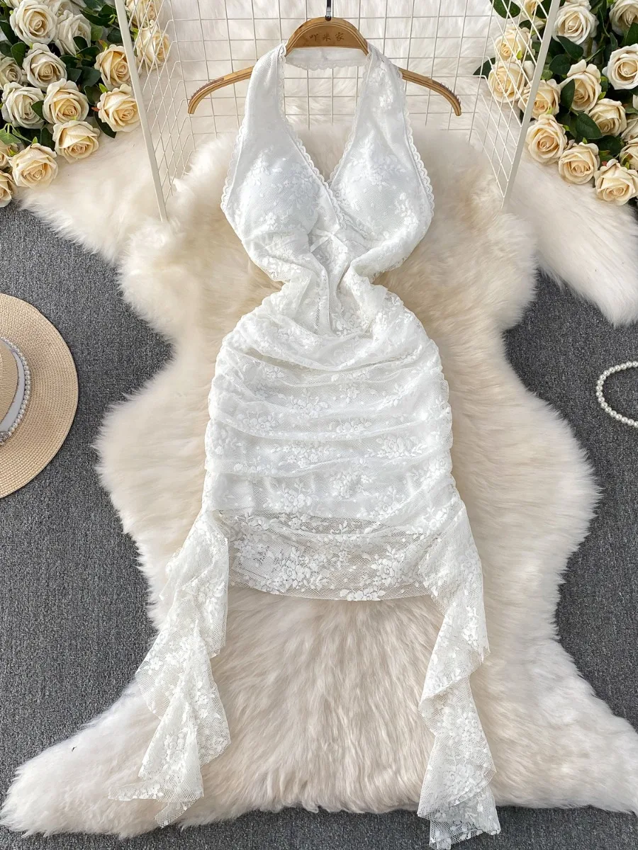 Foamlina العصرية الأمريكية الساخنة فتاة الدانتيل الخامس الرقبة الرسن فستان الصيف تصميم فريد من نوعه فلوي التعادل حتى مثير سليم صالح فستان قصير قصير