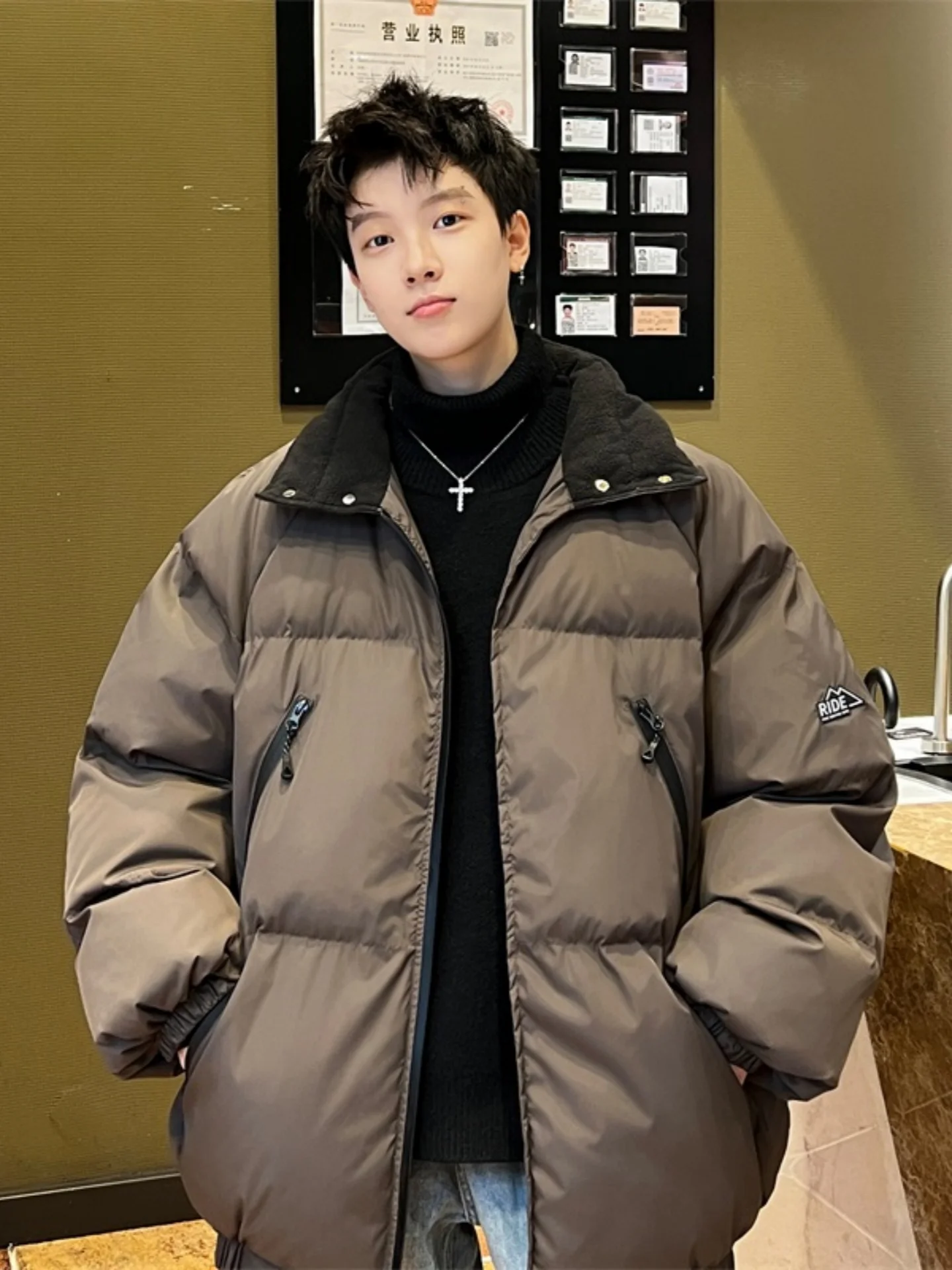 

Winter Thiened Casual Stand Collar Cotton Jaet Men's Faionable Trendy Bread Sle Zipper Design Warm Outerwear Coat